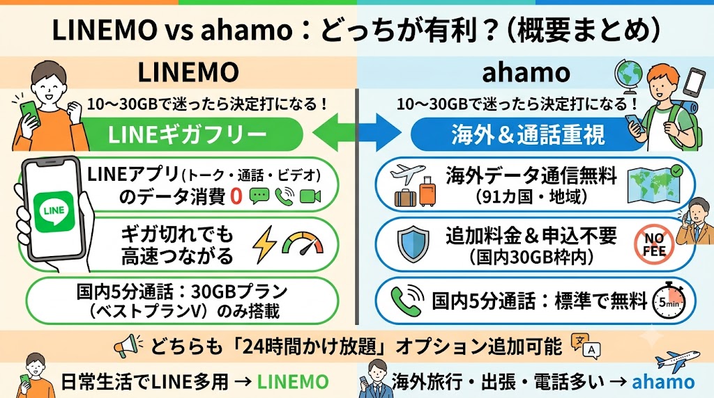 LINEMOとahamoの通話・LINE・海外利用はどっちが有利？