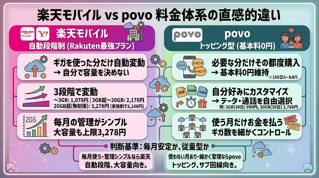 楽天モバイルとpovoの料金体系はどう違う